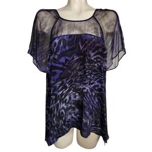 Rebecca‎ Taylor Purple Silk Abstract Animal Print Mesh Yoke Blouse Top Womens